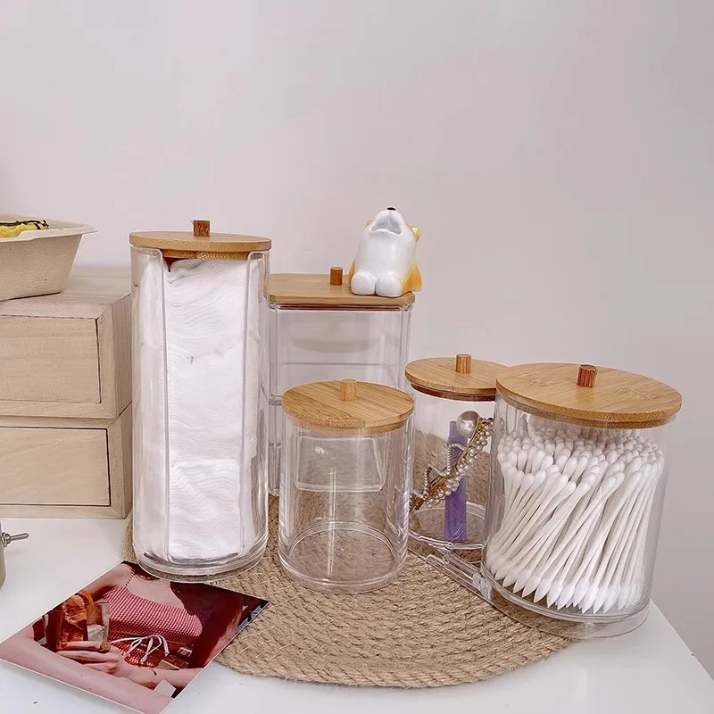 Acrylic storage box bathroom basin makeup organizer circular cotton swab holder QTip dispenser with bamboo cover 4