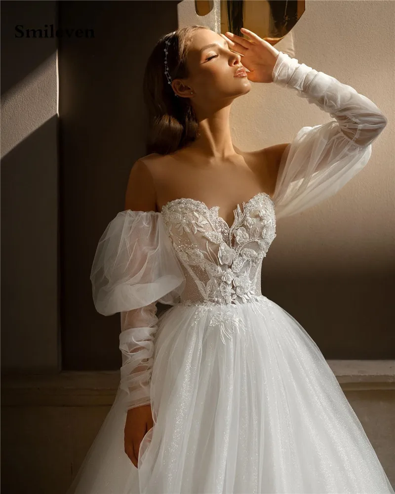 Lace A Line Beach Wedding Dress | Long Puff Sleeves