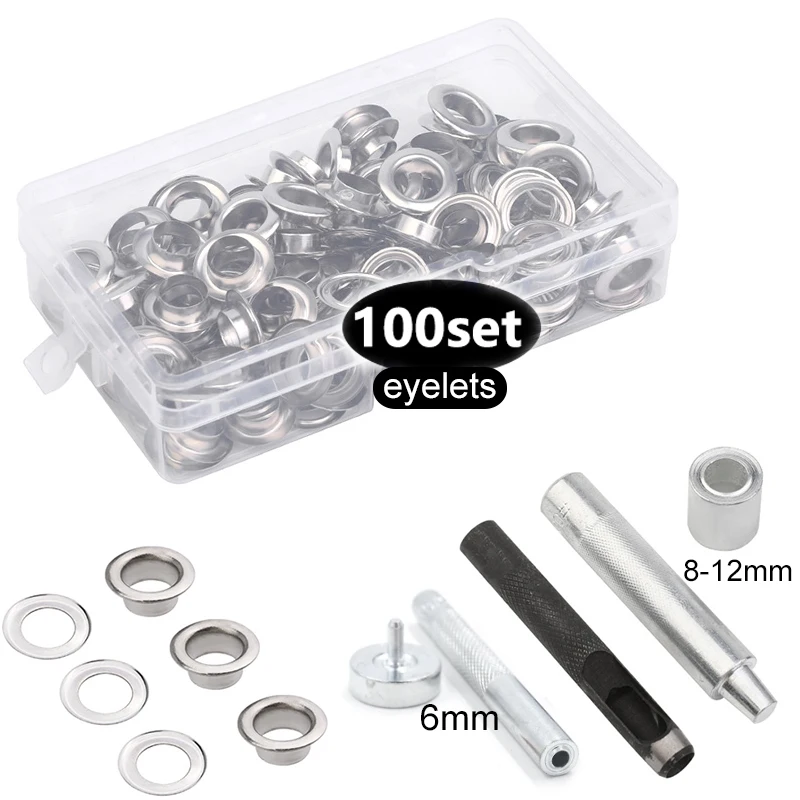 LMDZ 100 Sets Metal Grommet Eyelets 6mm 8mm 10mm 12mm Inside Diameter Silver with Hole Punch Tool for Clothes Shoes Bag Leather