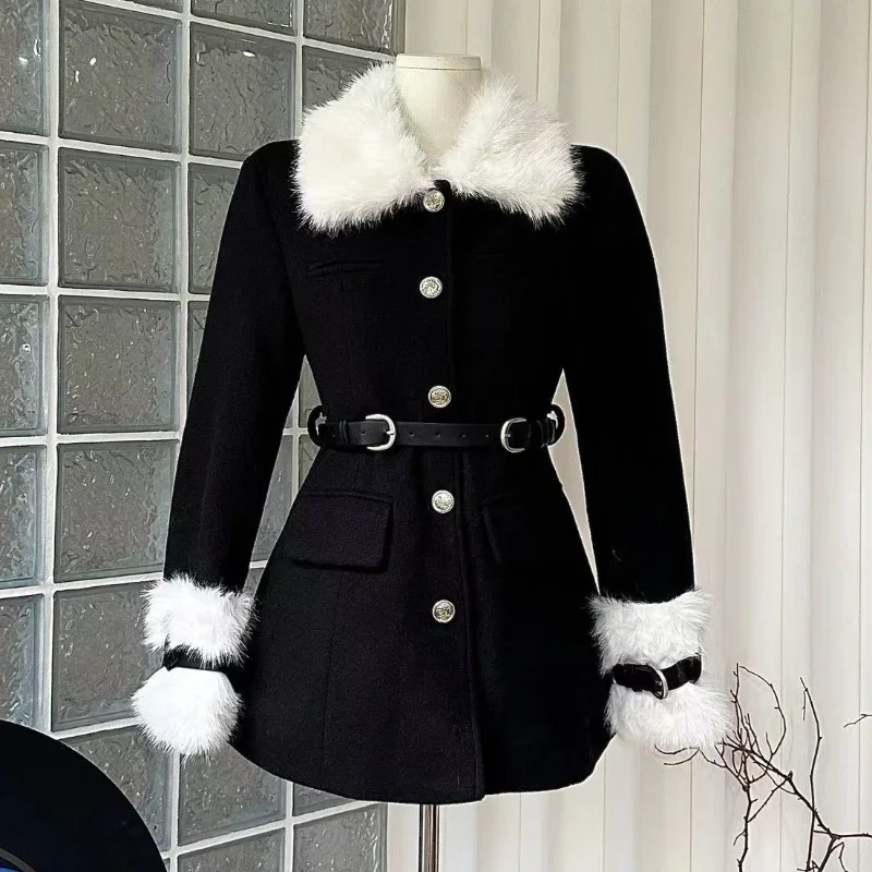 

Black Woolen Stitching Fake Fur Collar Coat Women Autumn Winter Fashion Slim Elegant Chic Casual Long Sleeve French Coat Female