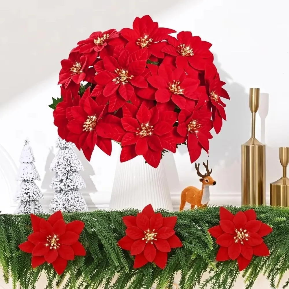5 Heads Bunch Artificial Poinsettia Bouquet Artificial Flowers Realistic Fake Flower Pot Ornament Red Poinsettia