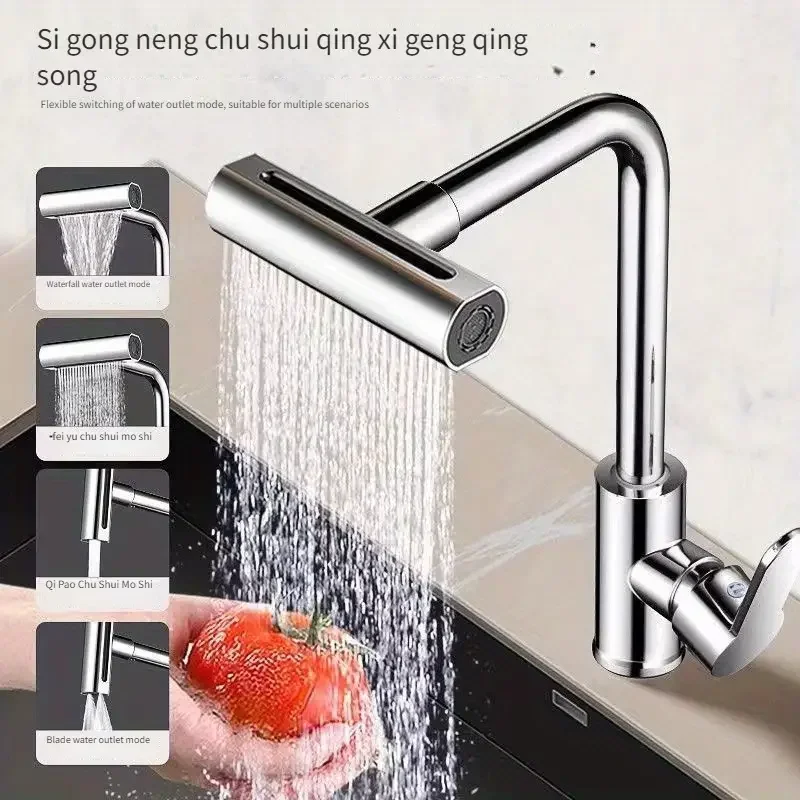 Description Picture 2 of item4thGear Waterfall Sink Kitchen Faucet Hot Cold Mixer Wash Basin Multiple Water Outlets Rotation Flying Rain Tap Single Hole Bath