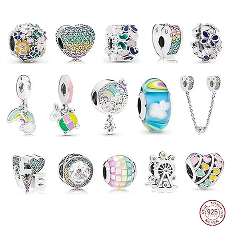 

Rainbow Series 925 Sterling Silver Beaded Safety Chain fit Original Pandora Charm Bracelet Women's DIY Christmas Gift