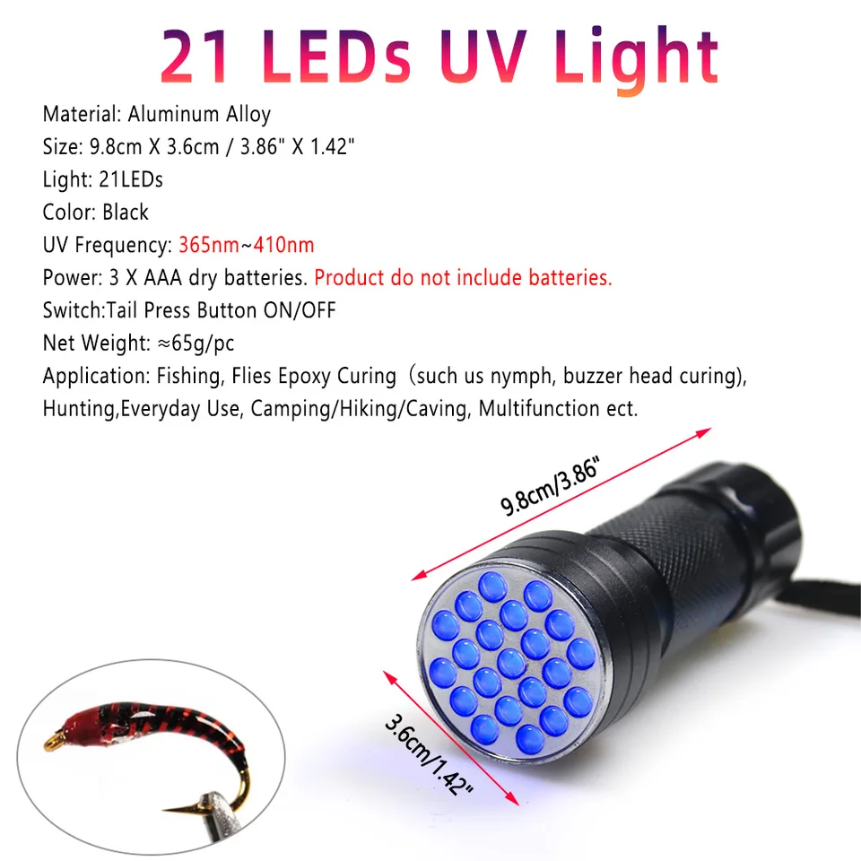 Linterna LED UV De 21 LEDs - Para Curado De Gel, Atar Moscas De Pesca - Incluye Baterías GRATIS
