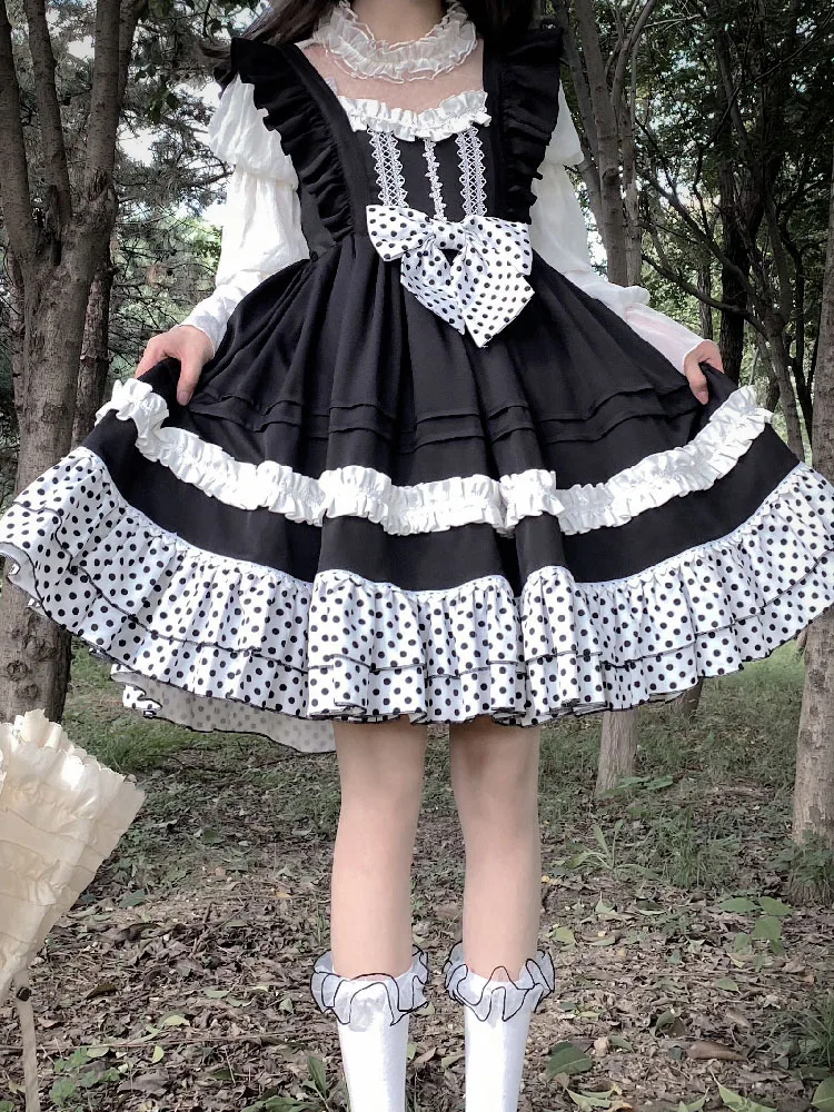 

Lolita Style Sweet Women Sundress Suspenders Layered Ruffles Dress Spring Cute Kawaii Bow Sleeveless JSK Ladies Dress Female