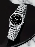 Montre à quartz avec bracelet élastique en alliage noir, chiffres arabes, pour homme et femme, coffret cadeau pour les amoureux. 5
