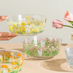 Heatproof glass bowl cute rabbit salad fruit bowl household dish plate ins style print dessert bowl net celebrity tableware