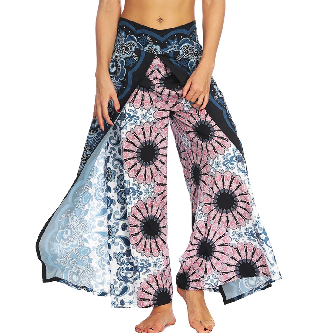 Women's Slit Wide Leg Dance Pants,Casual Hippie Bohemian Pants,Pilate Beach Boho Baggy Yoga Pants
