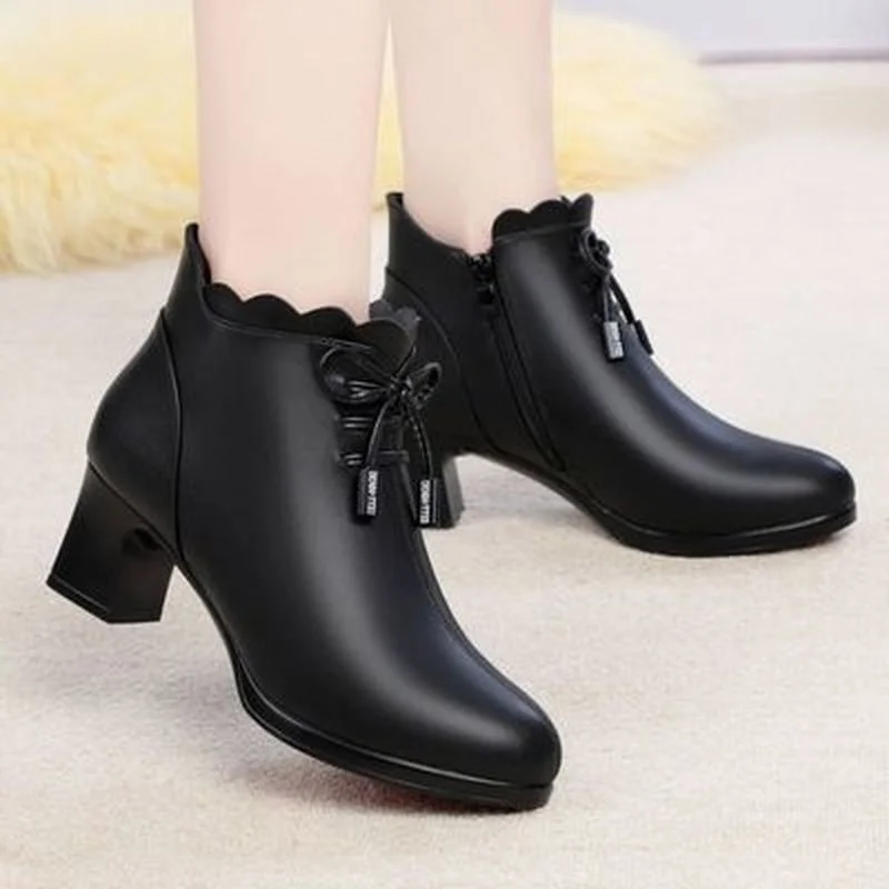 botas negras mujer tacones mujer elegantes botasComemore zapatos de piel  auténtica de tacón medio para mujer, botines cálidos de felpa de piel de  vaca auténtica, Botines de tacón medio, color rojo, invierno,