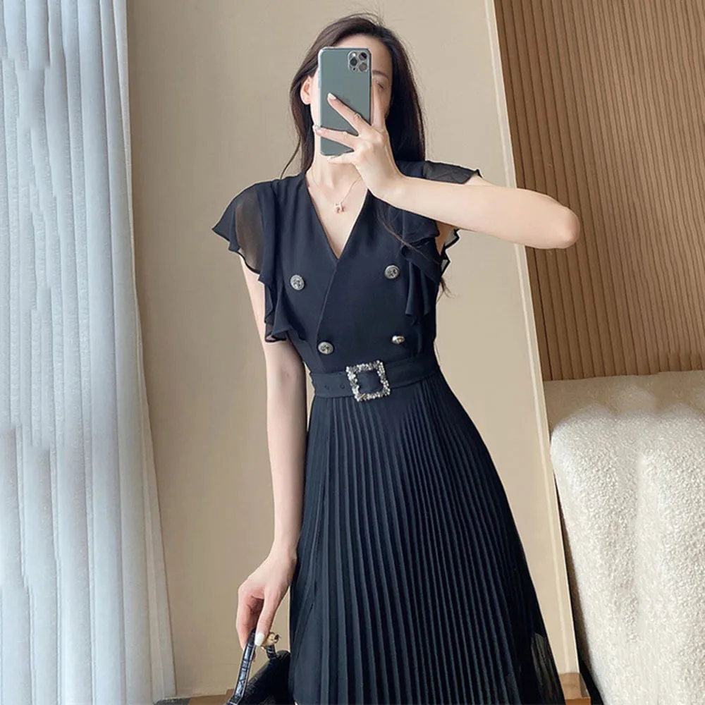 

Summer Women Long Dress Elegant V-Neck Ruffle Short Sleeve High Waist Split Pleated Vestidos Female Double Breasted Black Robes