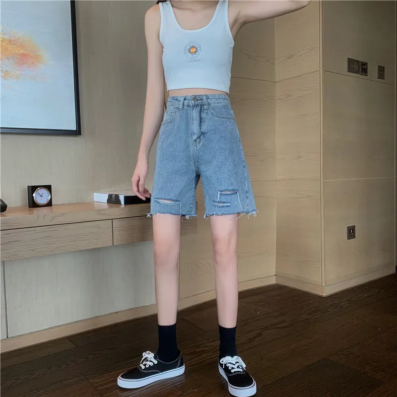 Women Summer Hole Denim Shorts Y2K High Waist Loose Blue Jeans Shorts 2022 Casual Washed Wide Leg Short Pants Female Ropa Mujer trendy plus size clothing