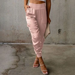 Fashion Lady Solid High Waisted Cargo Office Pants New Arrival Slim Pockets Trousers Casual Women Elastic Long Pant Streetwear