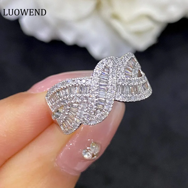 LUOWEND 18K White Gold Rings Real Natural Diamonds 0.75carat Fashion Interlaced T-Square Shape Wedding Rings for Women