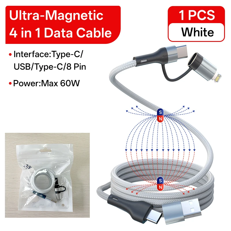 Magnetic 4-in-1 60W Fast Charging Cable, 2M USB-C to 8-Pin Data Cable
