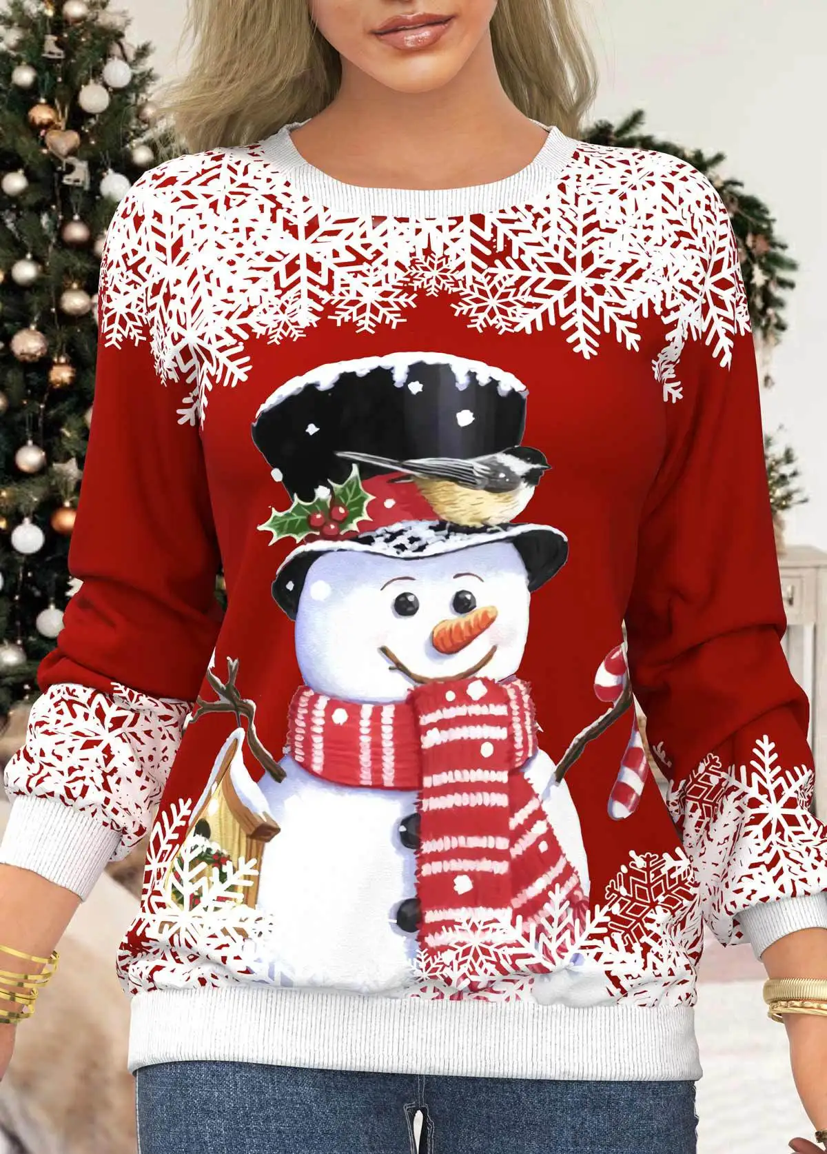 

Christmas Party Top Pullover Blouse Print Shirt Elegant T-shirt Loose O-Neck Retro Fashion Daily 2022 Autumn Winter Casual Women