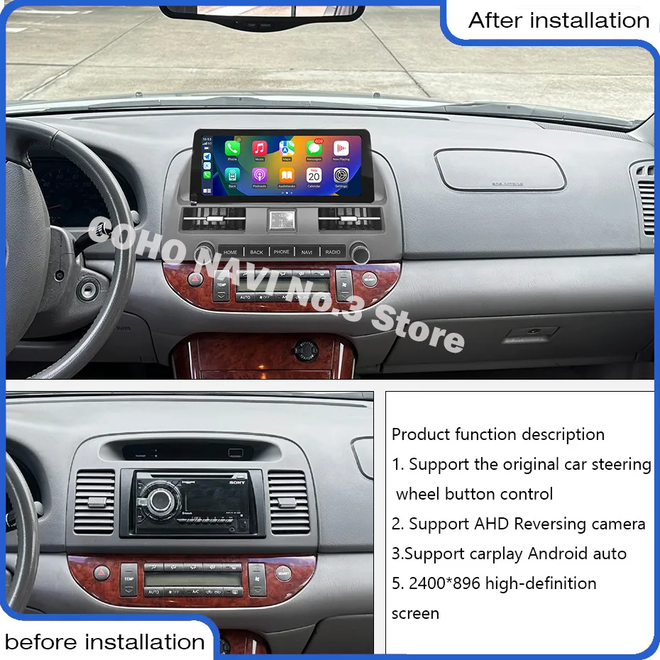 COHO para Toyota Camry 2000-2006 Carplay Android 12,3 pulgadas 2400*896 pantalla QLED 8Core 8 + 256G reproductor Multimedia de coche Radio estéreo 2