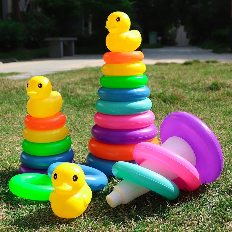 Rainbow Stacking Toys with Duck Rings & Blocks - Montessori Learning Toys for Toddlers, STEM Color Recognition Educational Games