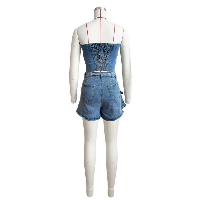 Cargo Denim 2 Piece Set Women Outfits Summer Single Breasted Stretch Strapless Tank Crop Tops Pockets Skirts Shorts Streetwear