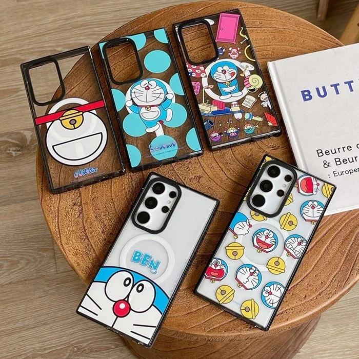 

Cute Cartoon Blue Cat MagSafe Acrylic Black Border Case for Samsung Galaxy S22 S23 S24 Ultra S23+ S24 Plus Protective Shell