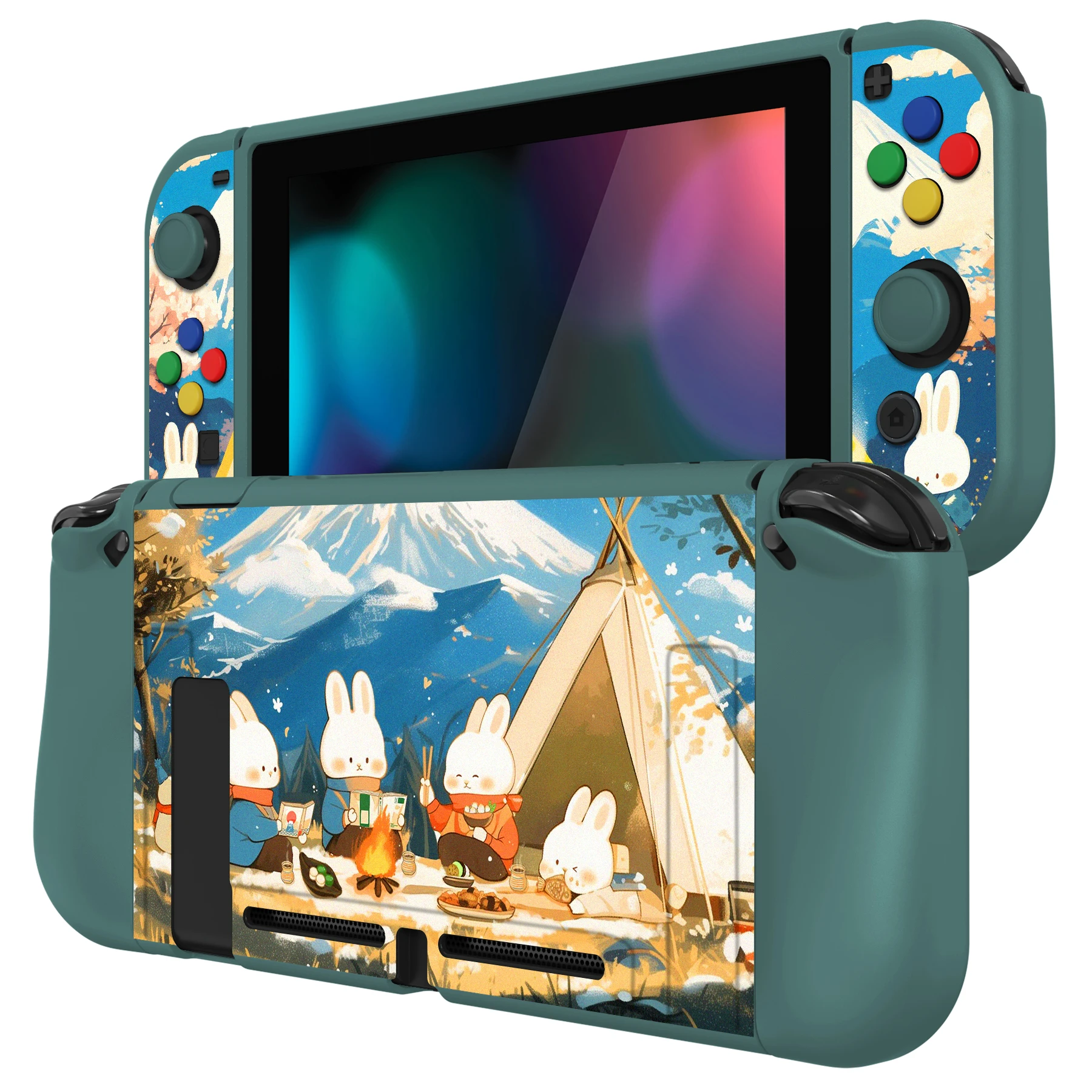 

PlayVital ZealProtect Protective Soft Case Cover for Nintendo Switch with Glass Screen Protector & Thumb Grips - Camping Bunnies