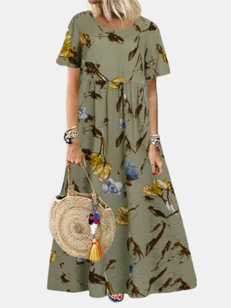 

Женское платье с коротким рукавом, круглым вырезом и цветочным принтом