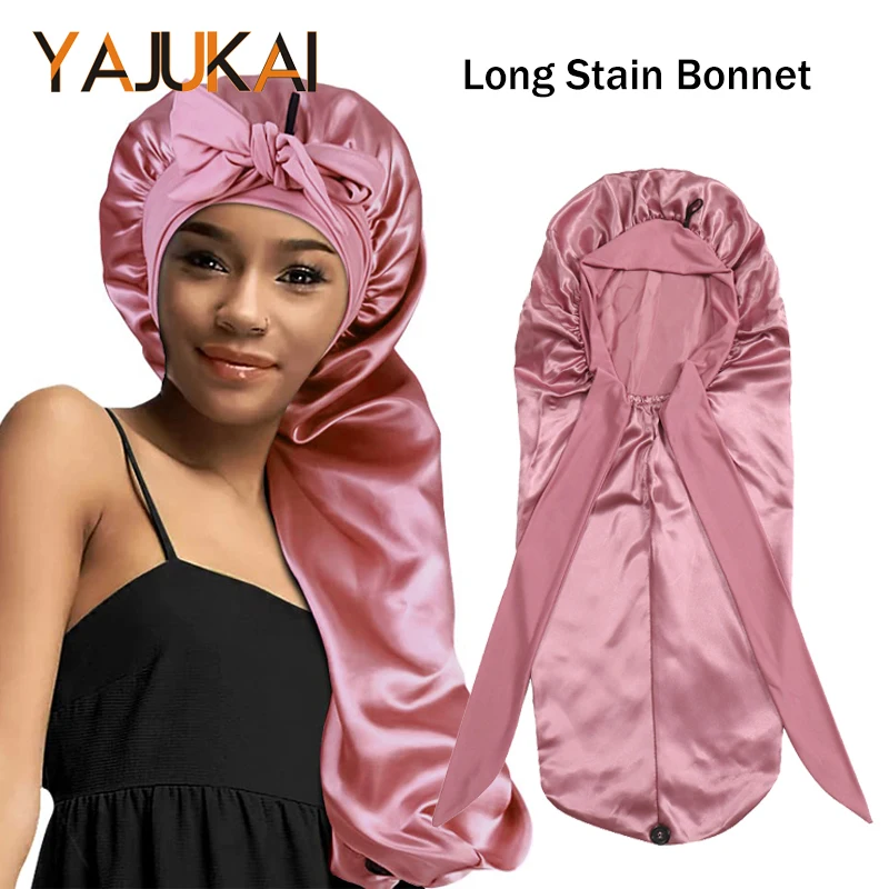 

1Pcs Bonnets For Black Women 76Cm Long Satin Bonnet For Braids Pink Silk Bonnet With Stretchy Tie Band Sleep Cap With Long Strap