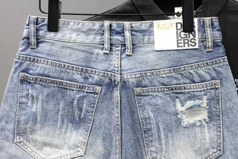 Denim Shorts 2025 Men's Summer Thin Ripped Patch Beggar Pants Cat Whisker Needle Sewing Slim Small Feet Short Jean Medium Pants