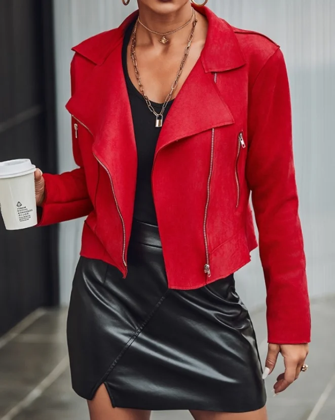 

Women's Jacket 2023 Autumn New Zipper Design Casual Plain Notched Collar Long Sleeve Daily Biker Jacket Coat Y2K Streetwear