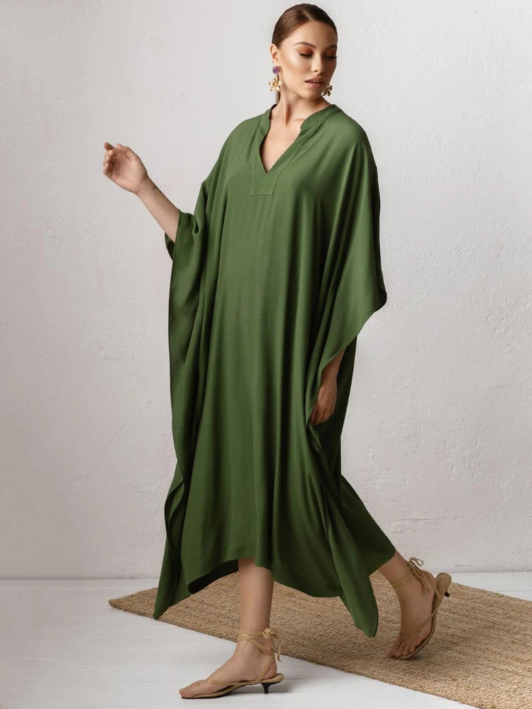 Swimsuit Cover Up Women Kaftan Beach Tunic Solid V Neck Elegant Summer Long Dress Loose Beachwear Bathing Suit Swimwear 6