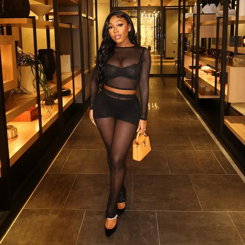 Sexy Mesh T-shirts 2 Piece Sets Women Summer New See Through Hollow Out Crop Top High Waist Pants Suit Fashion Casual Outfits