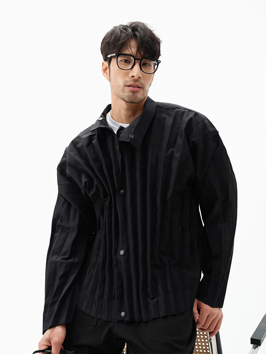 Miyake Pleated Men's Clothes Designer Style Zipper Button Pleated Stand Collar Jacket 2