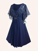 Fashion women's plus size explosions star print button pocket pleats butterfly sleeve elegant temperament dress - Image 3