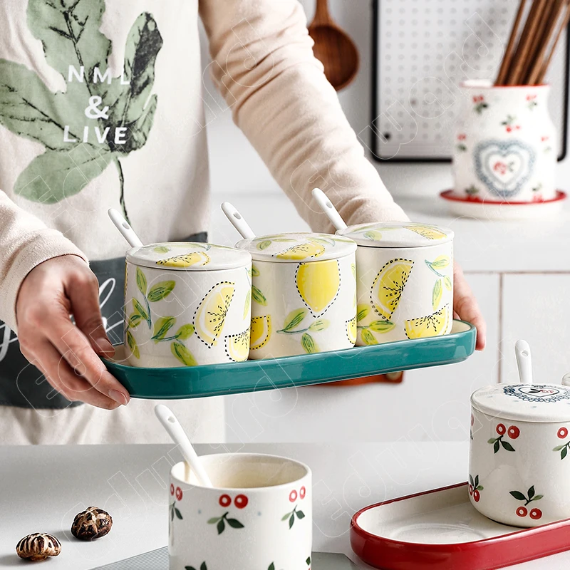 

Ceramic Tank Seasoning Bottle Household Kitchen Supplies Salt Tank Seasoning Storage Box Set Hand Drawn Cherries Seasoning Box
