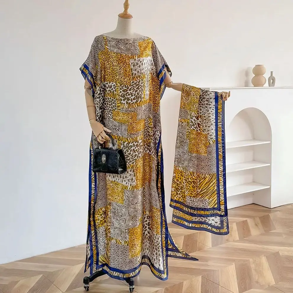 NEW Fashion Summer Dress With Big Scarf Dubai Turkey Kaftan Muslim Loose Abaya Women African Casual Leopard Print Shawl Robe