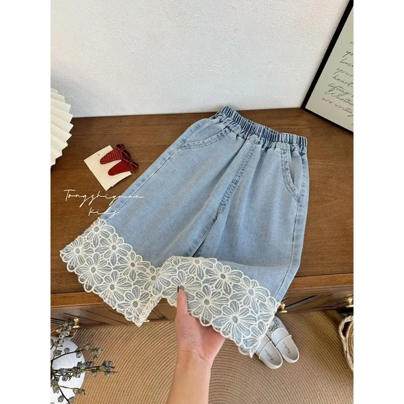 키즈 레이스 트림 데님 카프리 팬츠, 여아 루즈핏 와이드 레그 여름 바지 신축성 있는 허리 캐주얼 스트레이트 청바지