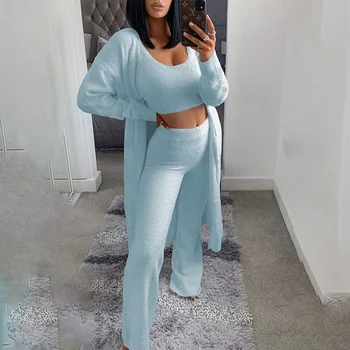 Woman Knitted Three Piece Set Long Cardigan and Crop Top and Wide Leg Pants Casual Loungewear for Autumn Winter