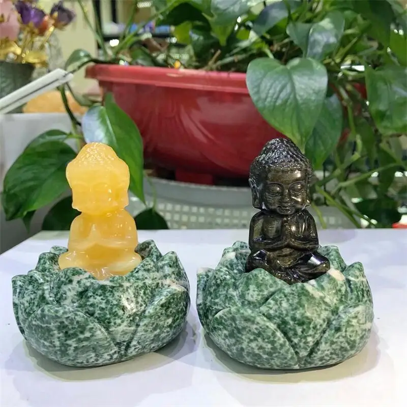 

Natural Yellow Calcite And Golden Obsidian Buddha Statue Carved Healing Energy Gemstone Home Decoration Accessories 1pcs