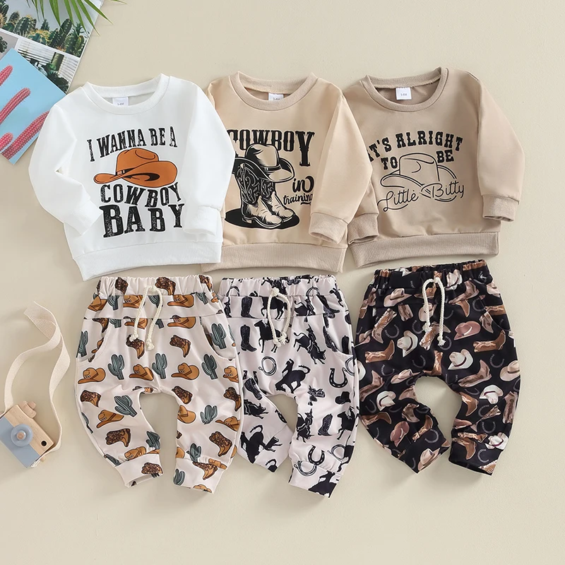 

Baby Boys Clothes Western Style Outfits Letter Pullover Sweatshirt Tops+Pants Sets Toddler Girls Clothes
