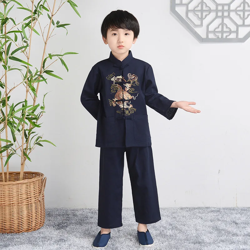 Men chinese style shirt Boy Cotton Line Tang Clothes Long Sleeve Hanfu Set Child Chinese Style Shirt&pants 2Pcs Outfit Embroider Dragon Kongfu Costume