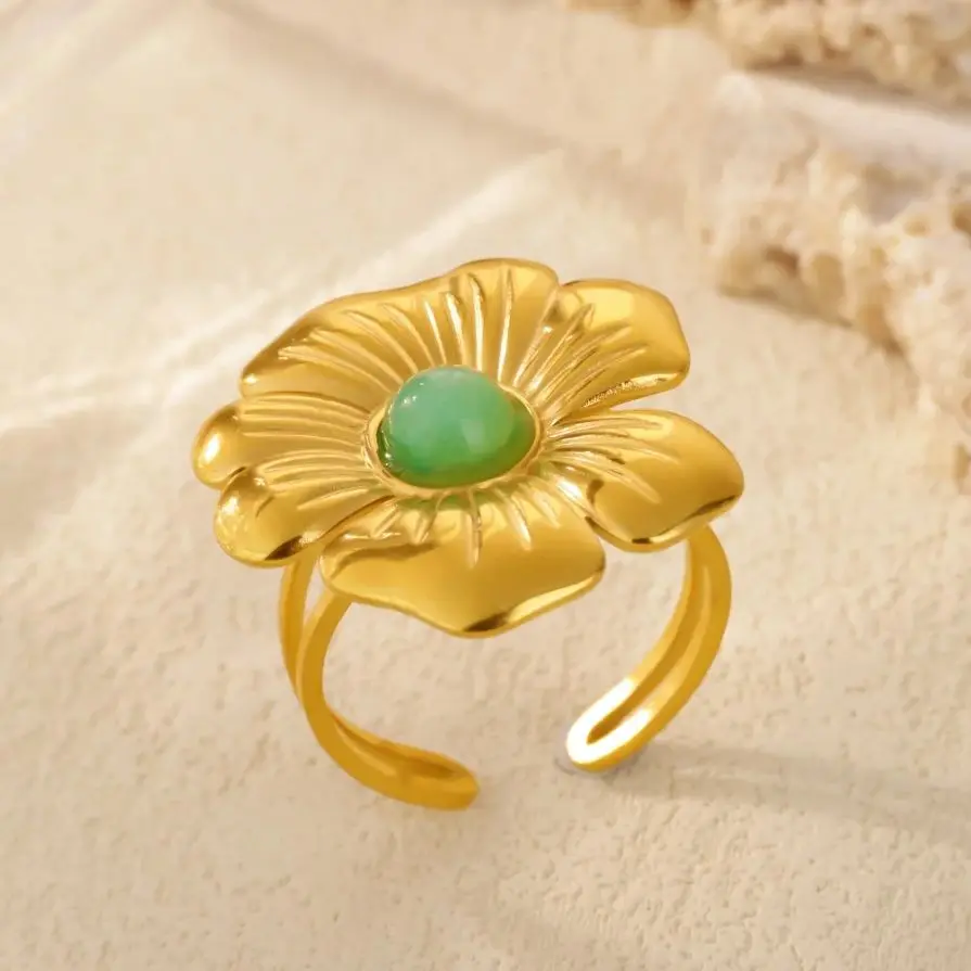 Elegant Natural Stone Flower Rings Gold Color Stainless Steel Geometric Opening