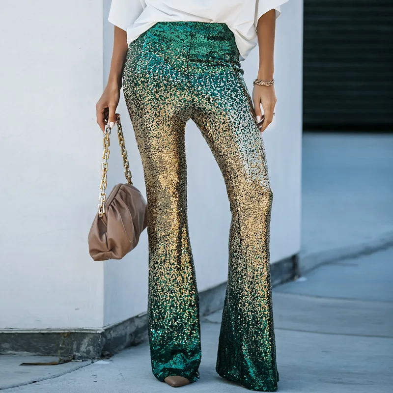 Fasnion Gradient Color Wide Leg Pants For Women's Spring Autumn New High Waisted Slim Fitting Sequin Women's Flared Pants
