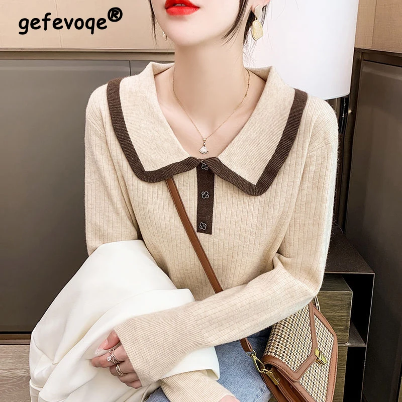 

Sprint Autumn Fashion Women's Contrast Color Kawaii Sweet Peter Pan Collar Slim Knitwear Casual Long Sleeve Pullovers Top Female