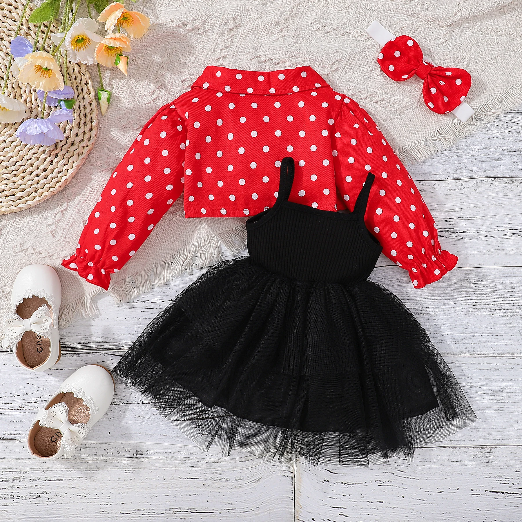 Girls Dress Baby Girl Dress PatPat Dresses Party Dress Baby Girl Clothes 100% Cotton Long-sleeve Infant Jacket and Rib Knit Mesh Cami 3pcs Set