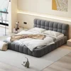 Modern Queen Upholstered Bed Frame No Box Spring Needed Beige Bedroom Furniture with Wingback, Linen Low Plattform Bed 6