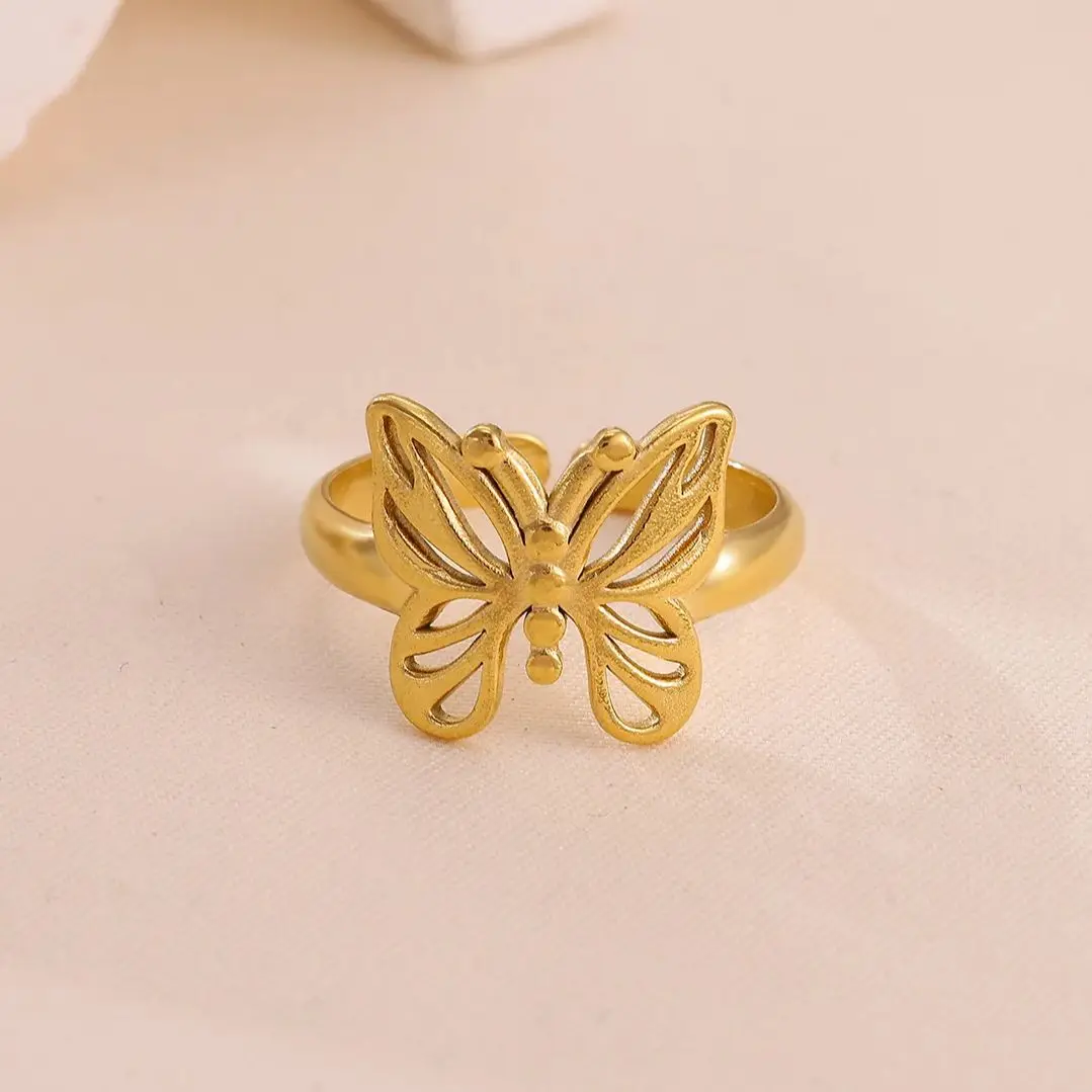 Butterfly Rings Women Gold Stainless Steel Hollow Adjustable Open Ring
