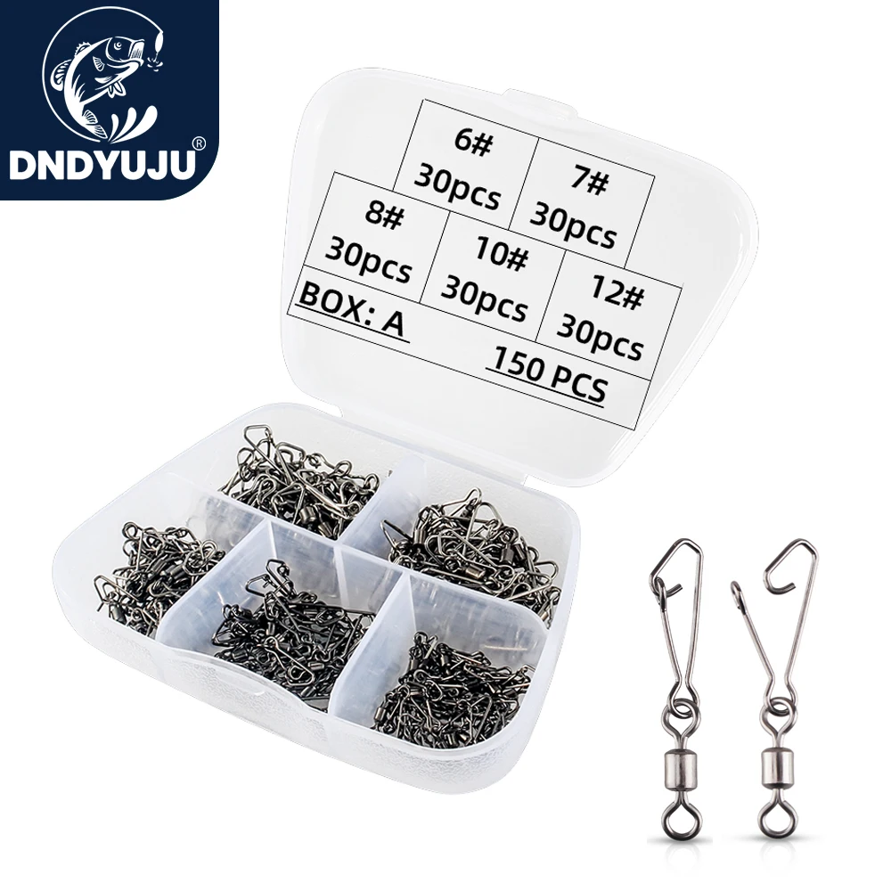 

DNDYUJU150pcs/box Fishing Rolling Swivels Connector Stainless Steel Snap For Fishing Lure Hook Fishing Tools Accessories
