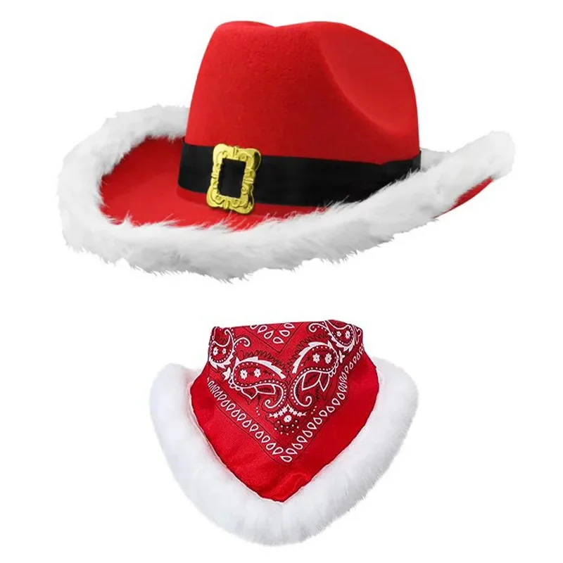 Christmas Cowboy Hat Sequined Furred Scarf Red Cowboy Hat Santa Furred Sequined Snowflake Christmas Party