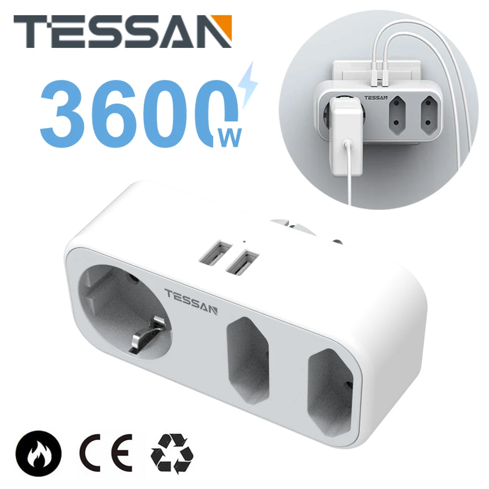 TESSAN 5 in 1 USB Socket Adapter with 2 USB Ports and 3 EU Outlets EU Plug  Socket Power Strip for Office/Home