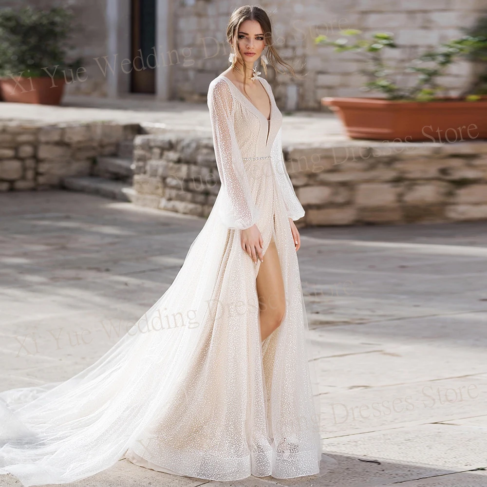 

2024 Sexy Deep V Neck A Line Women's Wedding Dresses Modern Long Lantern Sleeve Bride Gowns Shiny Sleeveless Vestidos De Novia