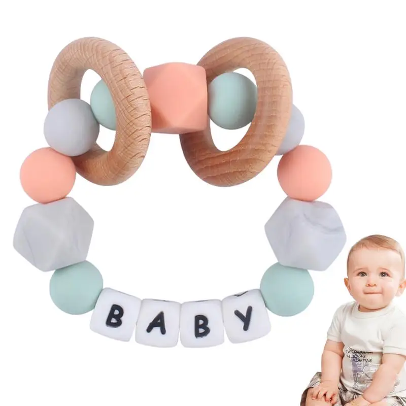 

Silicone Chew Bracelet Silicone Molars Wristband Chew Toys With Two Wooden Rings Teethers Wearable Teether Bracelet Teething Toy